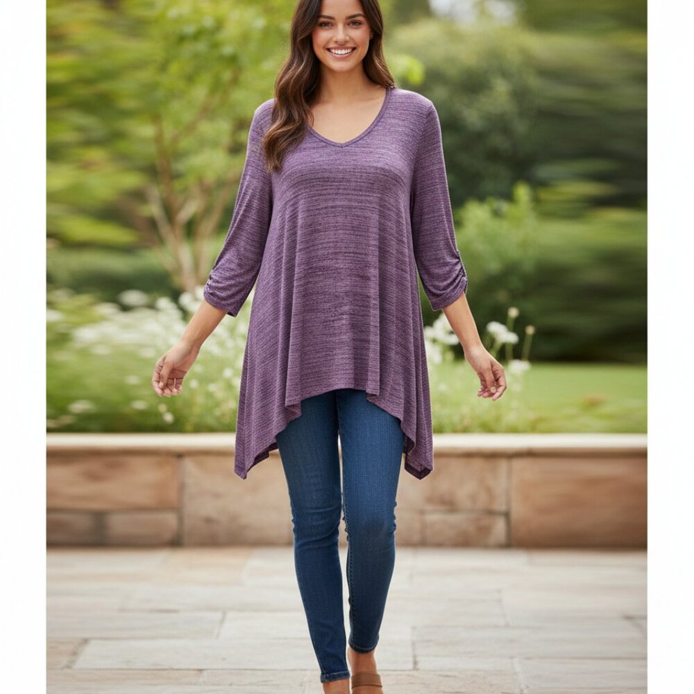 Apt 9 Tunic L Purple V Neck Top Boho Casual Comfy Cozy Moody Ruched Whimsigoth